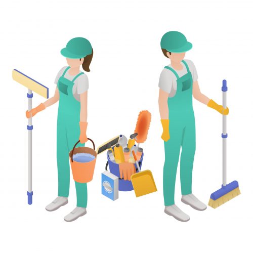 Professional cleaning service isometric concept two women with a mop and dusting brush ready to go vector illustration