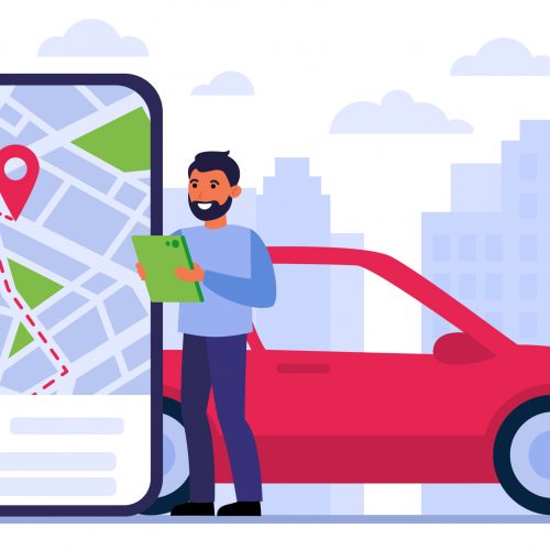 Man searching car for rent, using location app on gadget, studying digital map, ordering taxi online. Vector illustration for car sharing, urban transport, transfer, driving concept